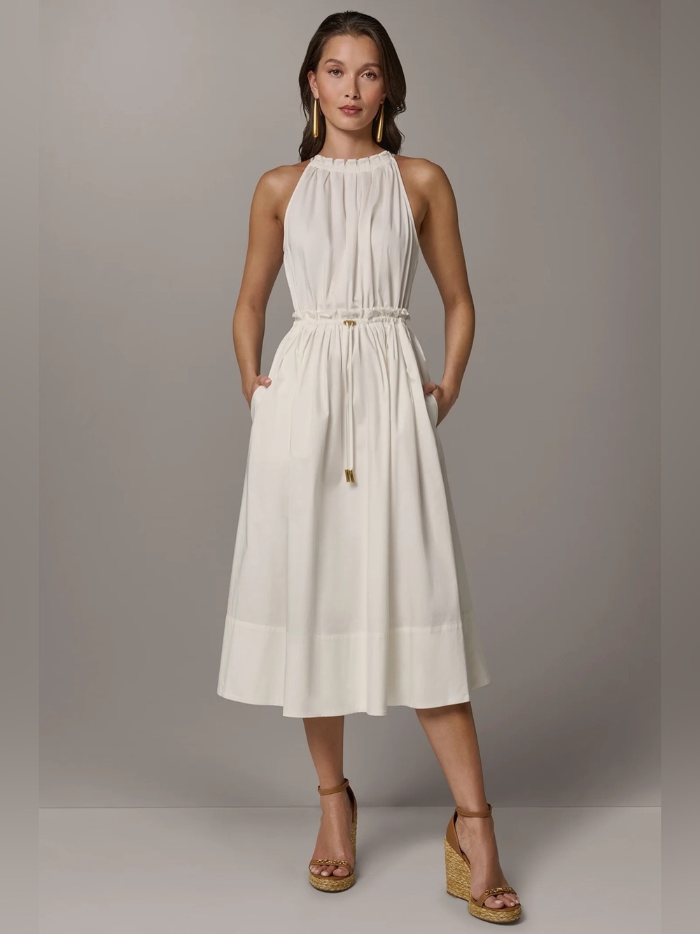 DONNA KARAN WEEKEND SLEEVELESS DRAWSTRING WAIST MIDI HALTER DRESS